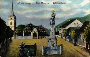1913 Vágbeszterce, Povazská Bystrica; Vág völgye, Fő tér, templom és szobor. Waldapfel Gyula kiadása / Vah valley, main square, church and statue