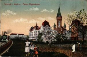 1918 Temesvár, Timisoara; Belváros, Piarista főgimnázium, montázs gőzmozdonnyal, vasút, vonat / school. Montage with locomotive, train, railway (kis szakadás / small tear)