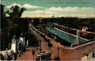 1918 Temesvár, Timisoara; Gyárváros, Bega részlet a liget bejáratával villamos / Fabric, tram, river, bridge, park (EK)