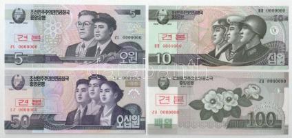 Észak-Korea 2002-2013. 5W-5000W (9xklf) MINTA felülbélyegzéssel és 0000000 sorszámmal T:I North Korea 2002-2013. 5 Won - 5000 Won (9xdiff) with SPECIMEN overprint and 0000000 serial C:UNC