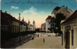 1916 Arad, Deák Ferenc utca, román polgári leány iskola, Keresztury Kálmán üzlete / street, Romanian girl school, shop