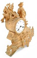 Figurális asztali óra, aranyozott spiáter test, figurális díszítéssel, szerkezet jó, lámpatest sérül...