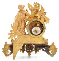 Figurális asztali óra, aranyozott spiáter test, figurális díszítéssel, szerkezet jó, lámpatest sérül...