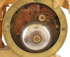 Figurális asztali óra, aranyozott spiáter test, figurális díszítéssel, szerkezet jó, lámpatest sérül...