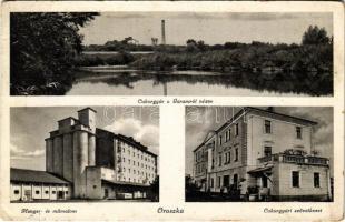 1940 Oroszka, Pohronsky Ruskov; Cukorgyár a Garamról nézve, henger és műmalom, Cukorgyári szövetkezet üzlete és saját kiadása / sugar factory, Hron river, mill, cooperative shop (Rb)