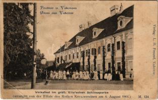 1901 Vukovar, Volksfest im gräfl. Eltz'schen Schlossparke, arrangirt von der Filiale des Rothen Kreuzvereines am 4. August 1901. / Ünnepség a grófi kastély udvarán, melyet a Vörös Kereszt Egylet fiókja rendezett / folk festival in castle park, arranged by the branch of the Red Cross Association (EB)