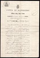1909 San Remo, olasz nyelvű okmány budapesti szül. magyar személy részére, fejléces papíron, San Remo okmánybélyeggel, hajtásnyomokkal.