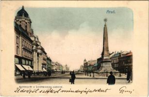 1904 Arad, Andrássy tér, Szentháromság szobor, Schwarz Simon fiai és társa üzlete / square, statue, shops