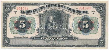 Mexikó / El Banco del Estado de Chihuahua 1913. 5P "A 051593" T:III kis szakadások Mexico / El Banco del Estado de Chihuahua 1913. 5 Pesos "A 051593" C:F small tear