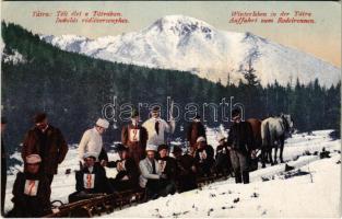 Tátra, Vysoké Tatry; Téli élet, indulás a ródliversenyhez. Cattarino S. utóda Földes Samu kiadása, Dr. Guhr felvétele / Winterleben, Auffahrt zum Rodelrennen / winter sport, start at the sleigh race