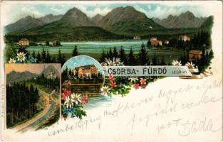 1899 (Vorläufer) Tátra, Magas-Tátra, Vysoké Tatry; Csorba-tó, Csorba-fürdő, fogaskerekű vasút / Strbské pleso / Csorba am See / lake, cogwheel railway, train. M. Kuschel. Art Nouveau, floral, litho (EK)