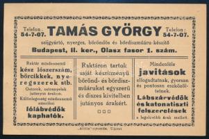 1936 Tamás György Bp. II. ker. szíjgyártó, nyerges reklámkártyája