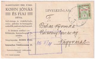 1916 Déva, Kohn Jónás és fiai szilvórum- és törkölyfőzde, szesz-, pálinka- és bornagykereskedők, malomtulajdonosok reklámja / shop advertisement (kis szakadás / small tear)