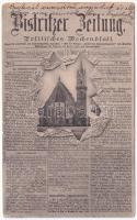 1909 Beszterce, Bistritz, Bistrita; Evangélikus templom. "Bistritzer Zeitung" politikai hetilap újságos montázs / Lutheran church. Montage with local newspaper (kopott sarkak / worn corners)