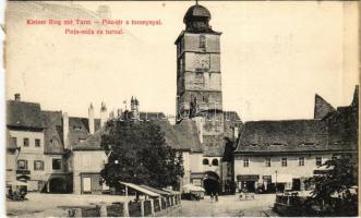 1909 Nagyszeben, Hermannstadt, Sibiu; Kleiner Ring mit Turm / Piactér a toronnyal, Eduard Elias üzlete / market square, tower, shops (képeslapfüzetből / from postcard booklet)
