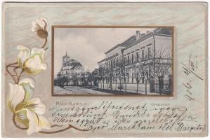 1906 Nagykároly, Carei; Gymnasium / Gimnázium. Eigner Simon kiadása. Szecessziós virágos dombornyomott litho keret / grammar school. Art Nouveau, floral, Emb. litho frame (ragasztónyom / glue marks)