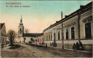 Nagykároly, Carei; Református iskola és templom. Csókás László kiadása / Calvinist church and school (EK)