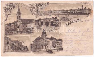 1904 Arad, Minorita templom, vár főkapuja, Maros-part, Lyceum, Arad-Csanádi egy. Vasutak palotája, lóvasút. Lengyel Lipót kiadása / Minorite church, castle gate, Mures riverside, grammar school, railway palace, horse-drawn tram. Art Nouveau, floral, litho (szakadás / tear)