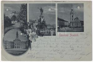 1898 (Vorläufer) Arad, Baross park, Vértanúk szobra, Városháza, Római katolikus templom. Révész Nándor kiadása / park, monument, town hall, Catholic church. Floral (b)