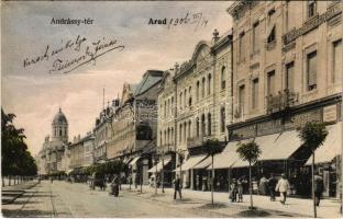 1906 Arad, Andrássy tér, Grallert J. és Fia üzlete, Hajós Árpád gyógyszertára. Kerpel Izsó kiadása / square, shops, pharmacy (apró szakadás / tiny tear)