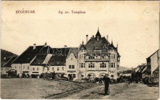 1915 Segesvár, Schässburg, Sighisoara; Evangélikus templom, gyógyszertár, Josef Girscht üzlete, piac / church, square, shops, pharmacy, market (EK)