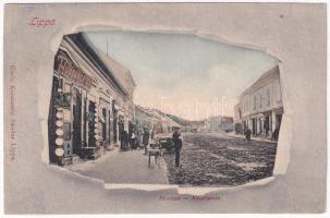 Lippa, Lipova; Fő utca, Huszárek G. A. üzlete. Konstantin Sándor kiadása / Hauptgasse / main street, shops (r)