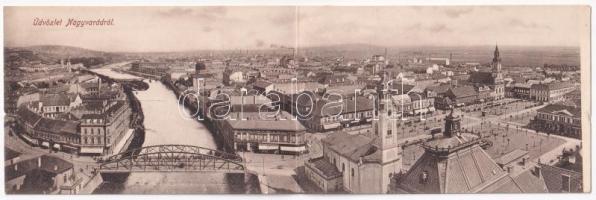 Nagyvárad, Oradea; látkép zsinagógával. Boros Jenő kiadása. 2-részes kihajtható panorámalap / 2-tiled folding panoramacard with synagogue (EK)