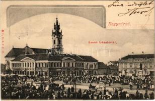 1906 Nagyvárad, Oradea; Szent László tér, piac, Általános takarékpénztár, Versenyáruház, Zálogház, Adria biztosító, Csarnok Kávéház, DellOrto K. üzlete / square, shops, cafe, savings bank, insurance company, market