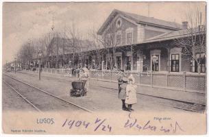 1904 Lugos, Lugoj; Pályaudvar, vasútállomás. Nemes Kálmán kiadása / Bahnhof / railway station (ázot sarkak / wet corners)