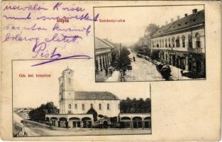 1911 Lugos, Lugoj; Széchenyi utca, piac, Görögkeleti ortodox templom. Sziklai Lajos kiadása / street view, market, Orthodox church (Rb)