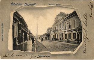 1902 Lugos, Lugoj; Széchenyi utca, Népbank palota, Strasser kávéház. Auspitz Adolf kiadása / street view, bank, café (EK)