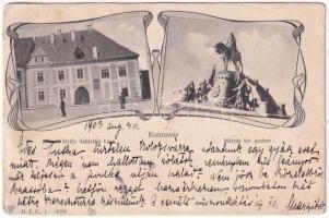 1903 Kolozsvár, Cluj; Mátyás király szülőháza és szobra / birthplace and statue of Matthias Corvinus. Art Nouveau (ázott / wet damage)