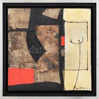 Székács Zoltán (1954-): Üzenet Miró-nak. Vegyes technika, vászon, jelzett a hátoldalán. Dekoratív fakeretben, 30×30 cm.