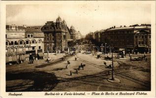 1928 Budapest VI. Berlini tér a Teréz körúttal, Nyugati pályauvar, vasútállomás, Moskovics Emil üzlete (az épület már nincs meg), Hotel Westend szálloda, villamos