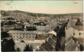 1911 Pécs, látkép, Moskovits cipőgyár üzlete. Fürst Lipót kiadása (EK)