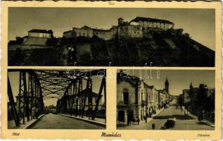 Munkács, Mukacheve, Mukacevo; híd, vár, Fő utca, Goldstein üzlete / bridge, castle, main street, shop + "1944 Kossuth Lajos halálának 50. évfordulója" So. Stpl