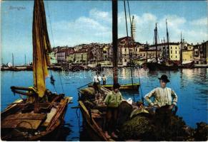 Rovinj, Rovigno; kikötő halászbárkákkal / port, fishing ships (képeslapfüzetből / from postcard booklet)