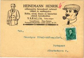 1936 Heinemann Henrik villanyerőre berendezett ruházati cikkek és sapkagyára, rőfös, rövid, fűszer és háztartási cikkek kereskedése reklám. Váralja (Tolna) (EK)