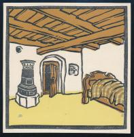Kós Károly (1883-1977): Erdélyszéli kisnemesi porta szobája. Linómetszet, papír, jelzés nélkül, körbevágott, hajtásnyommal, 10x10 cm