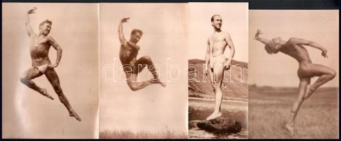 Férfi mozgásgyakorlatok (akt, félaktok), 8 db vintage művészfotó, jelzés nélkül, 17x12 cm körül