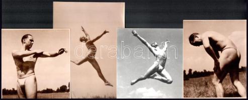 Férfi mozgásgyakorlatok (akt, félaktok), 8 db vintage művészfotó, jelzés nélkül, 17x12 cm körül