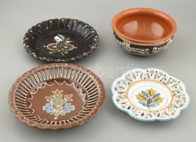 4 db vegyes népi kerámia, lepattanásokkal, d: 24-28 cm