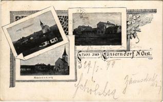 1899 (Vorläufer) Gänserndorf, Unter Gänserndorf, Bahnhof, Kirchenplatz / general view, railway station, church, square. Art Nouveau, floral (EK)