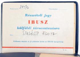 cca 1970-80 Külföldi IBUSZ utazások részvételi jegyei, nyomtatott programjai, betegség biztosítási i...