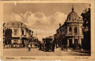 Bucharest, Bukarest, Bucuresti, Bucuresci; Strada Grivita / Grivitza-Strasse / street view, horse-drawn tram, shops (b)