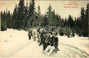 Tátra, Magas-Tátra, Vysoké Tatry; téli sport, bobsleigh vontatás lovasszánnal. Divald Károly 2072-1909. / winter sport, horse sled towing a bobsleigh