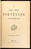 Az 1865/7-ik évi törvények gyűjteménye. Pest, 1872., Ráth Mór, 537+5 p. Harmadik kiadás. Kiadói aranyozott egészvászon-kötés, az elülső táblán aranyozott, koronás nemzeti kiscímerrel, márványozott lapélekkel, Mehner V.-kötés, a borítón kopásnyomokkal, régi vármegyei bélyegzéssel.