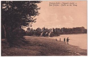 Pöstyén, Piestany; Vág-parti részlet, úszó vízi hajómalom (vízimalom) / Partie an der Waag / Váh riverside, floating watermill (boat mill)