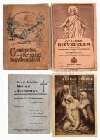 4 db vallás témájú könyv: White E. G.: Gondolatok Krisztus hegyibeszédéről. Bp., 1923 + Római katolikus hittan és erkölcstan a népiskolák VII. és VIII. osztálya számára. Összeállította Tóth József. Szentes, 1942. + Schütz Antal: Katolikus hitvédelem a középfokú iskolák legfelső osztálya számára és magánhasználatra. Bp., 1946 + Íjjas Antal: Sziénai legenda. Bp., é.n. Korda. Klf, kiadások, papírkötésben, részben sérült és foltos.