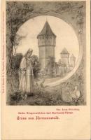 Nagyszeben, Hermannstadt, Sibiu; Sächs. Bärgermädchen und Harteneck-Türme. G.A. Seraphin, Jos. Drotleff / Szász &quot;medve&quot; leány, torony. Szecessziós lap címerrel / Saxon &quot;bear&quot; girl, folklore, tower. Art Nouveau, floral, coat of arms